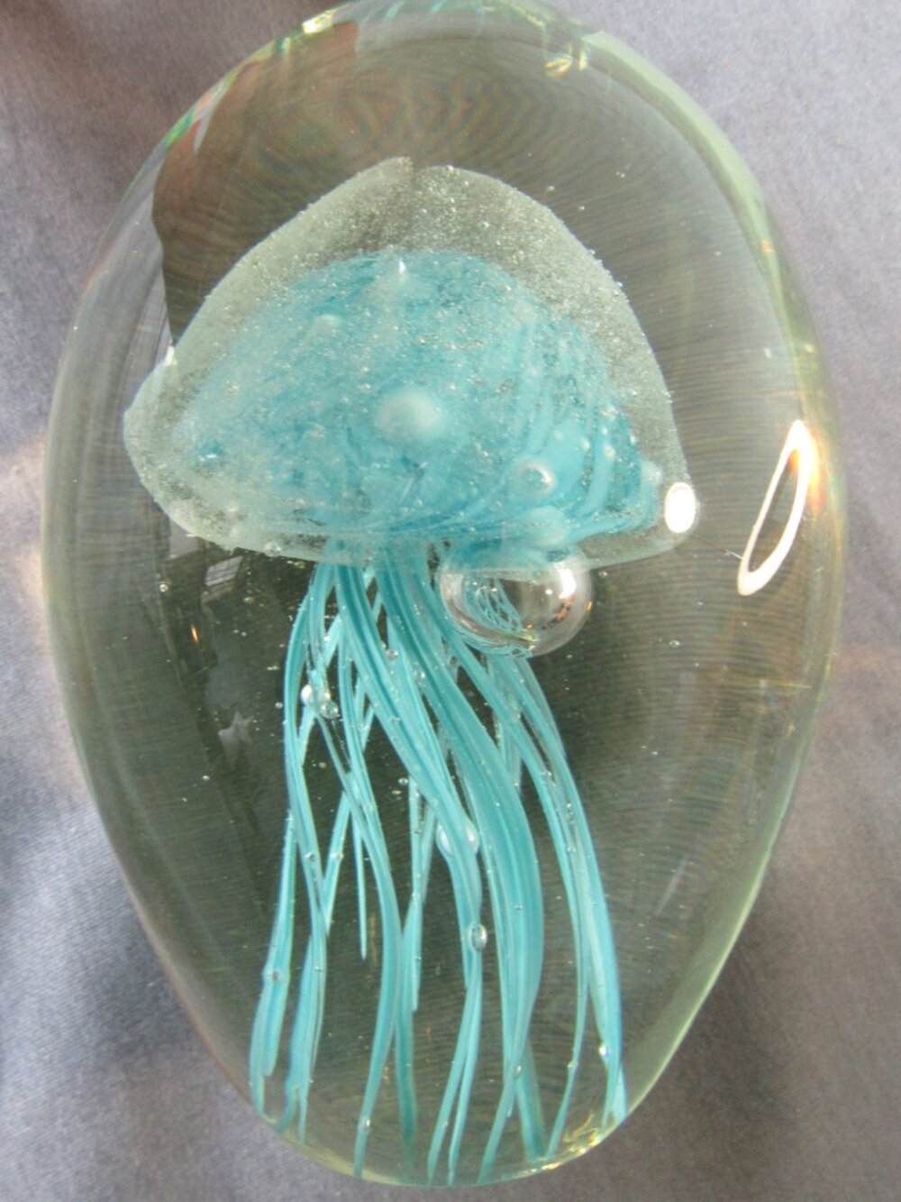Hand Blown Glass Jellyfish Paperweight Glow in Dark 5" Tall Ocean Decor Gift